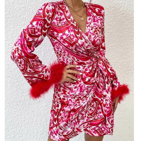 Cuff feather detailed Wrap Knot Side Mini Dress - Picture 5 of 7